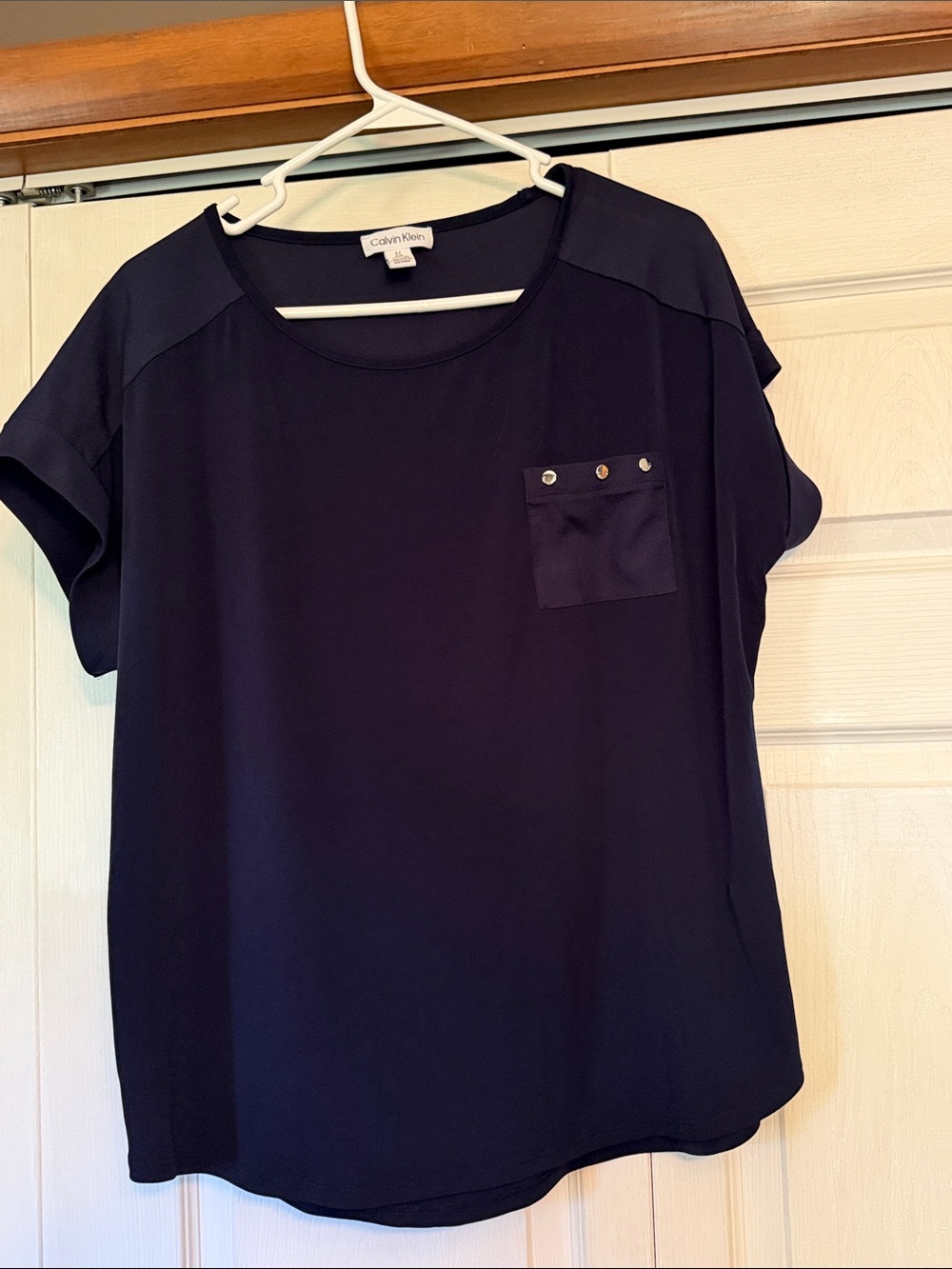 Calvin Klein Navy Short Sleeve Scoop Neck Top with Stud Pocket